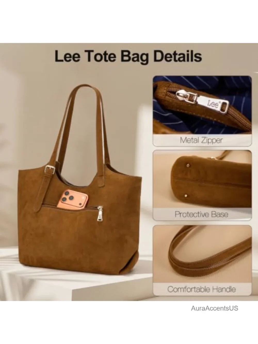 Large Faux Suede Tote Bag with Adjustable Strap, 3 Compartments, Magnetic